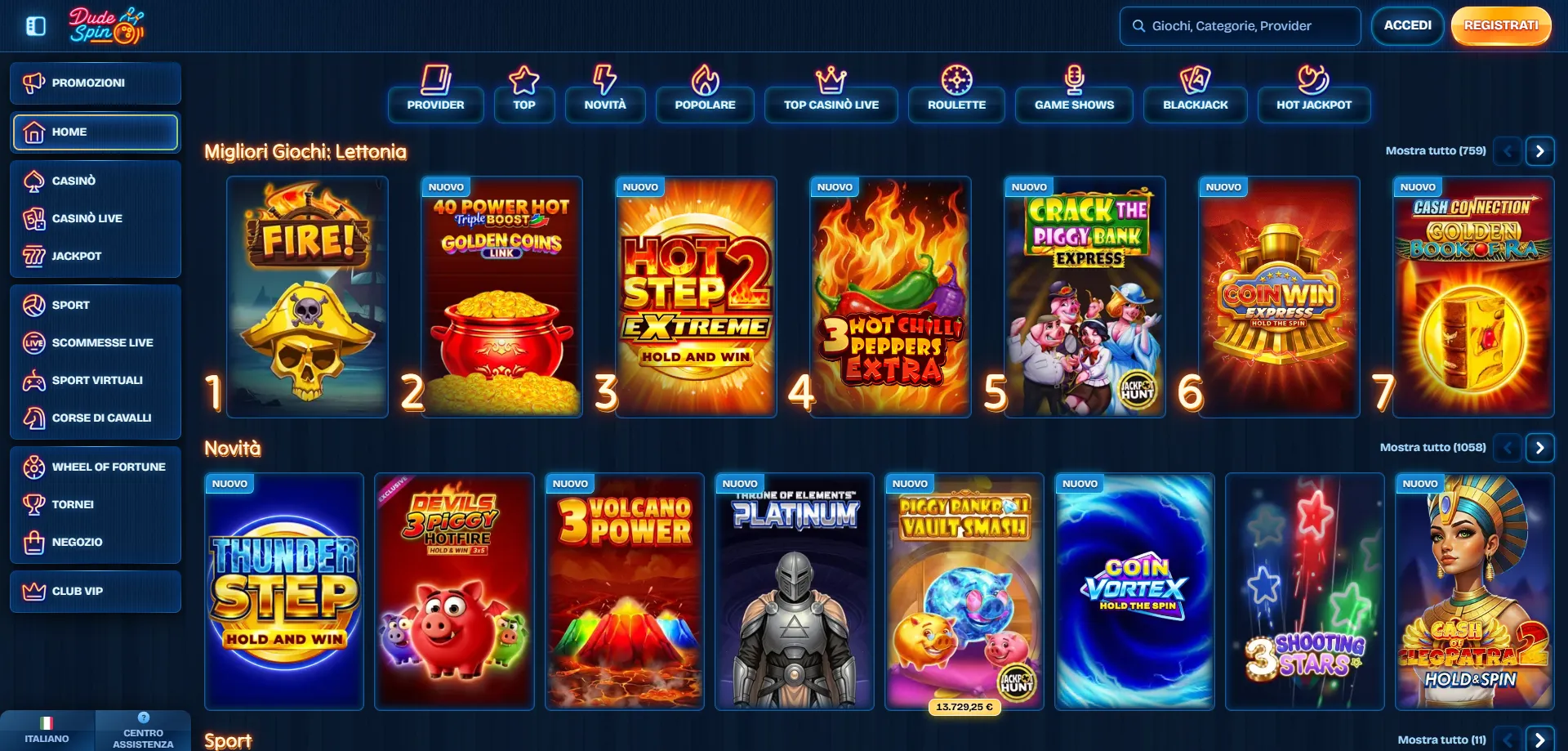 Catalogo slot machine Dudespin Casino con oltre 13.700 titoli disponibili