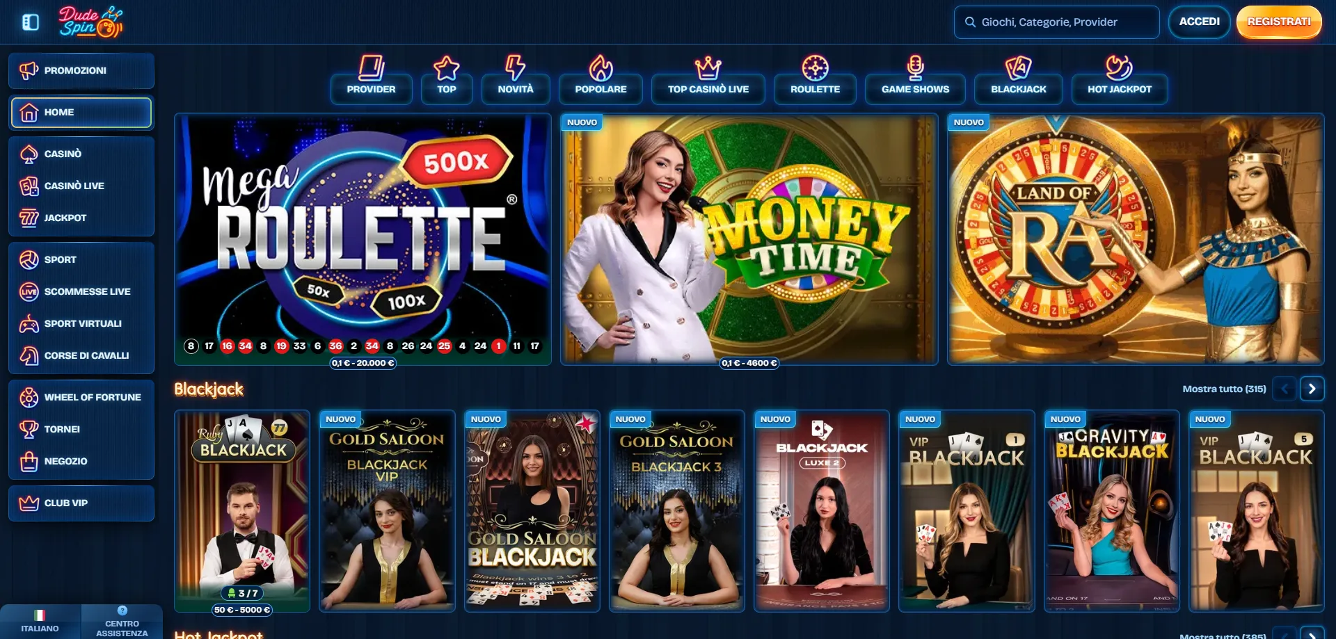Titoli popolari live casino e slot su Dudespin Casino