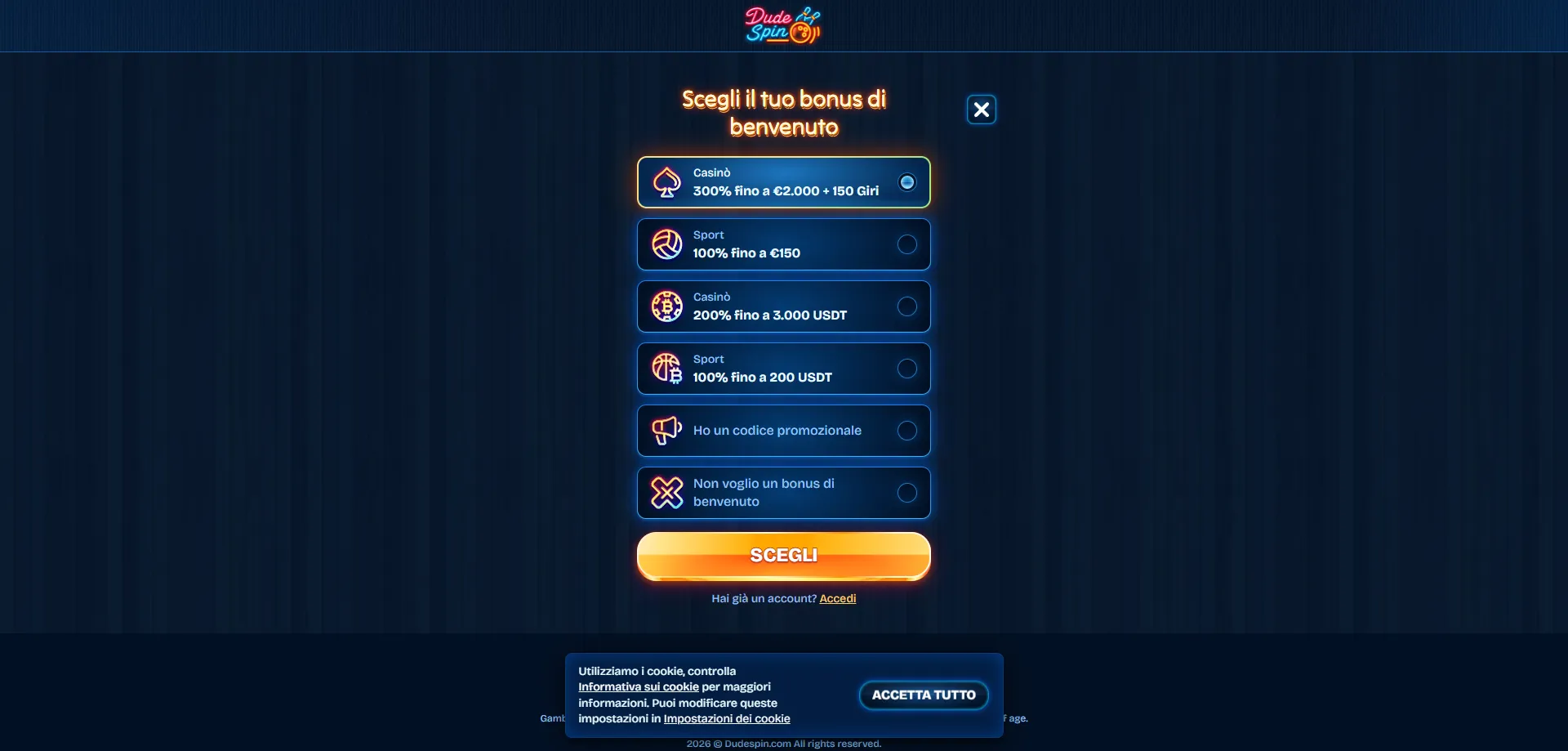Procedura di registrazione su Dudespin Casino IT passo dopo passo