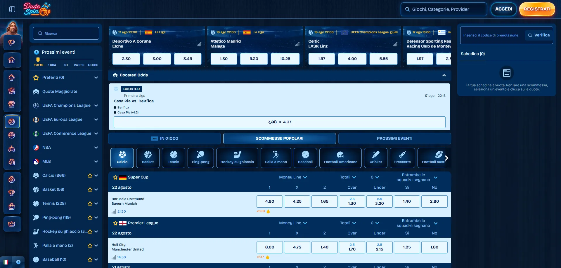 Scommesse sportive su Dudespin Casino &mdash; calcio, basket, tennis e altro
