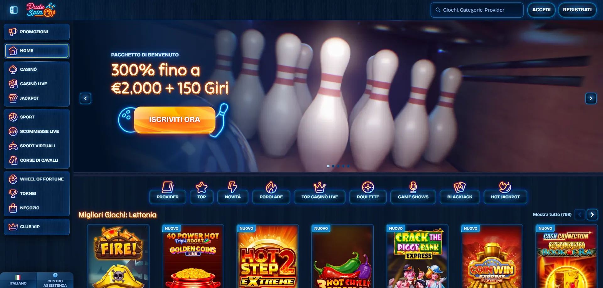 Panoramica giochi Dudespin Casino — slot, live e tavoli